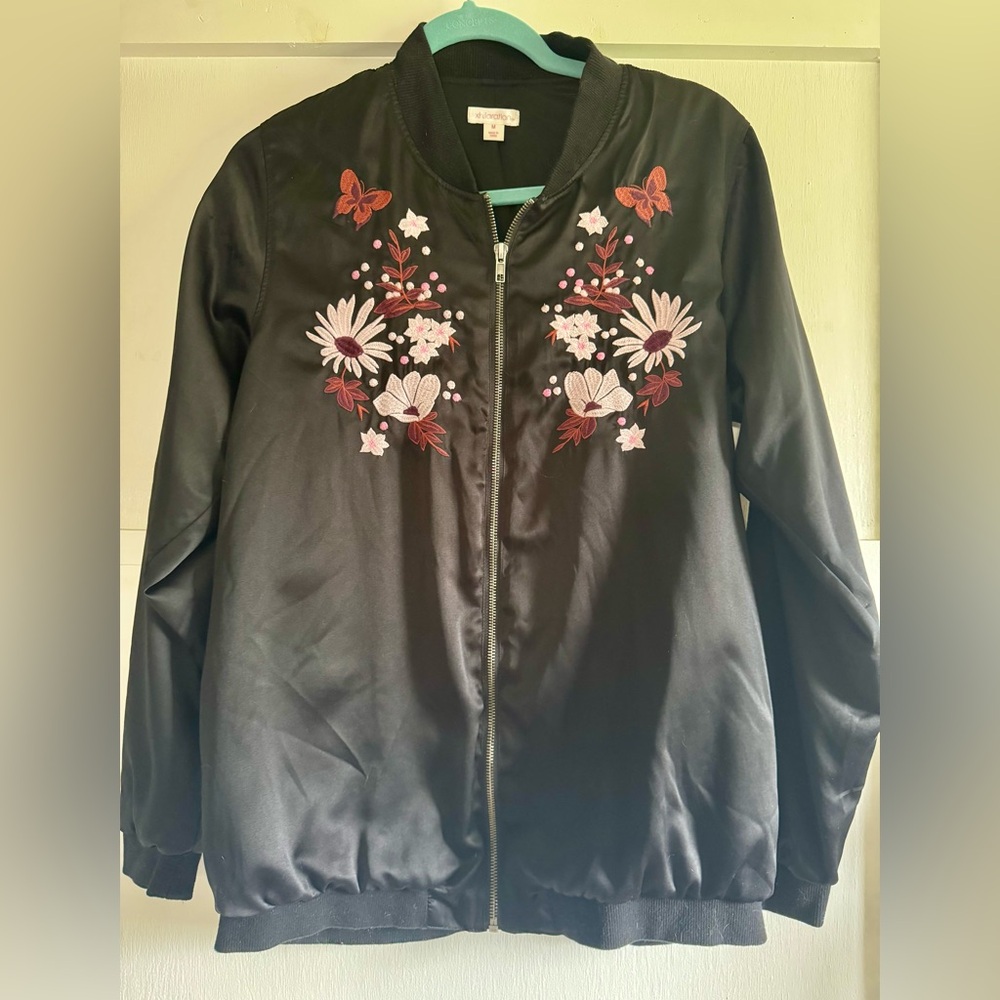Floral Embroidered Black Bomber Jacket